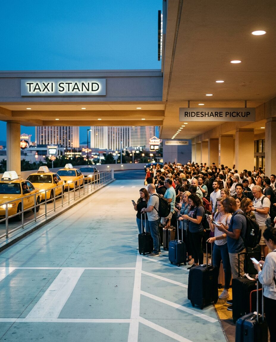 An empty taxi stand beside a crowd waiting for rideshare pickup in Las Vegas at dusk