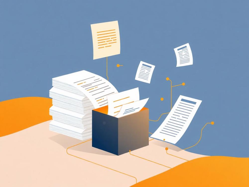Diagram: documents flowing into an AI intake box and out as completed applications